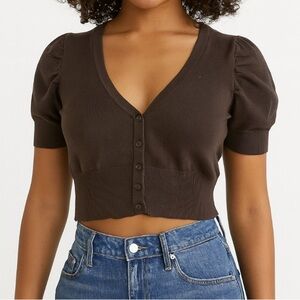 Heart-N-Crush cropped cardigan sweater puff sleeve button up MD Chocolate brown